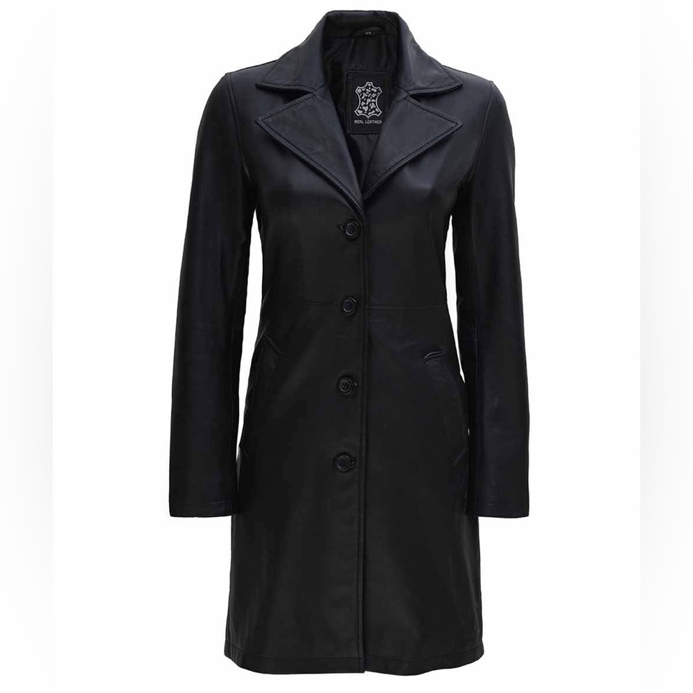 🐻 Women’s Long Black Leather Trench Coat 🌶️ G93 🦀